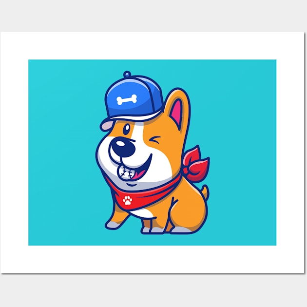 Cute Corgi With Baseball And Bone Hat Wall Art by Catalyst Labs